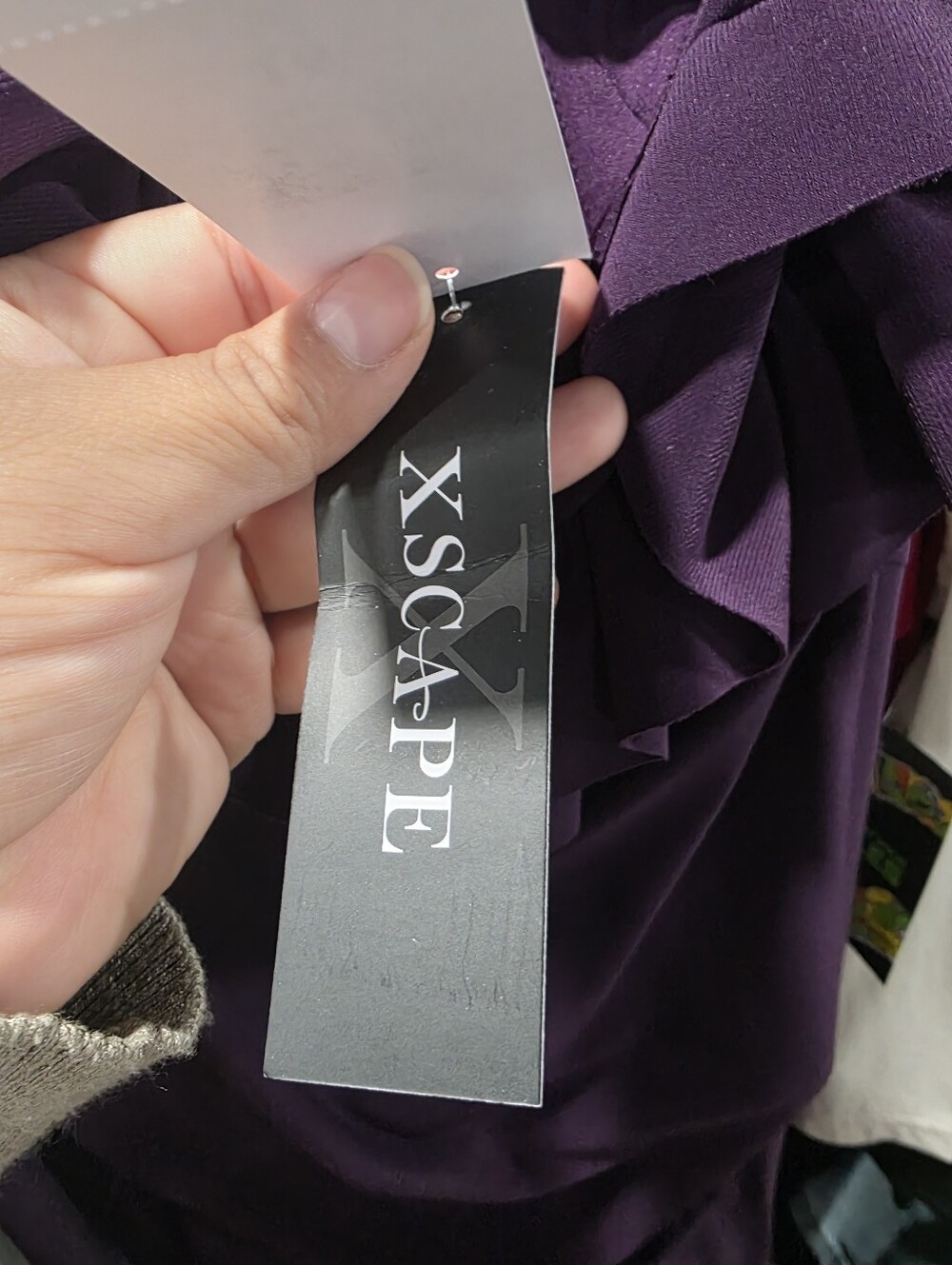 Xscape Plus Size Ruffled Off-the-Shoulder Long Sheath Dress - Grape, sz 16 Reg. - Picture 9 of 11